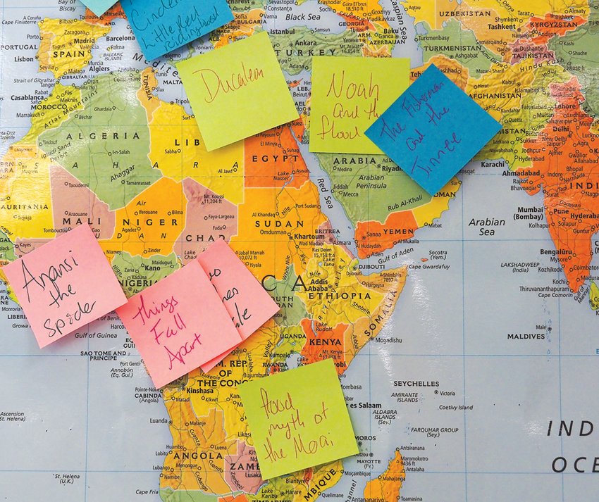 Harris keeps colorful maps, artwork and posters all around her classroom. Pictured here is a map of where stories her students read take place.