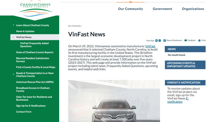 Screenshot of Chatham County Government Website for VinFast project.