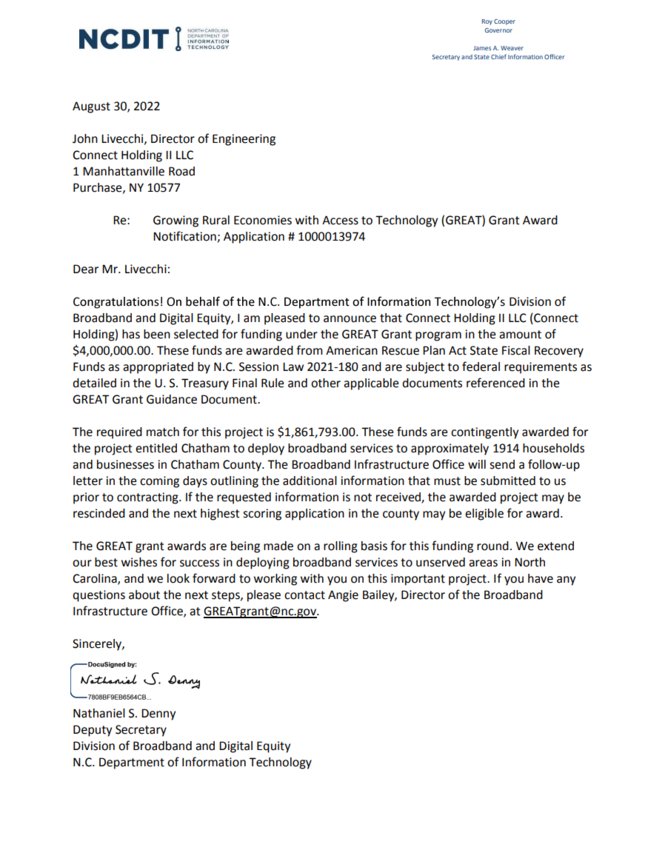 NCDIT award letter for Connect Holding GREAT Grant in Chatham County.