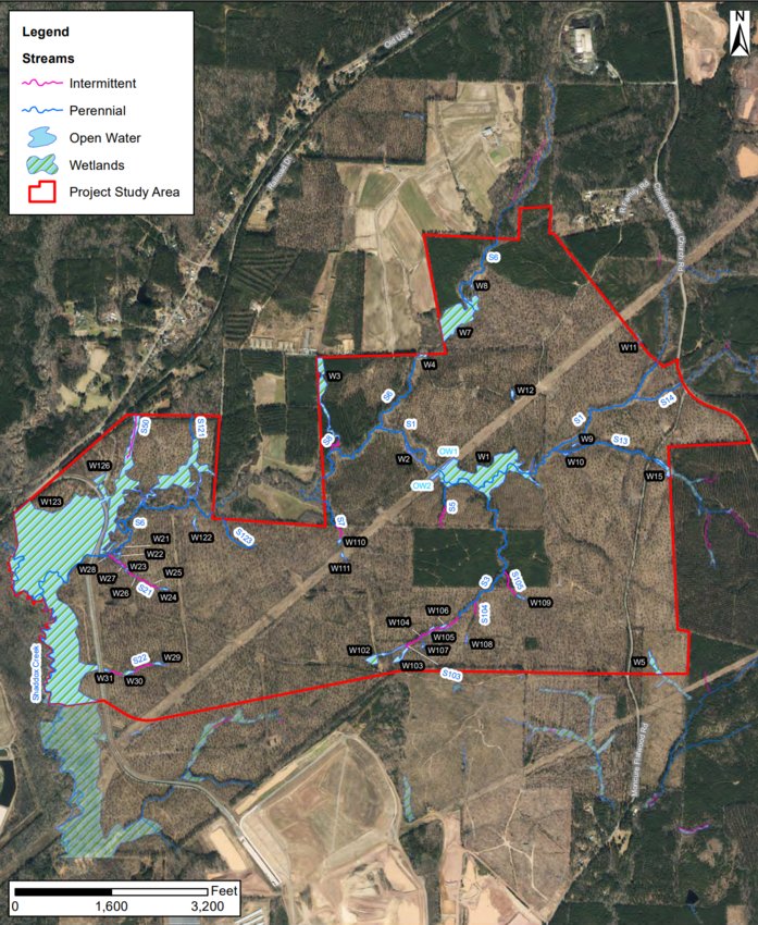 Map shows the natural features affected by the VinFast plant. According to the permit, it will infill and dredge more than 30,000 ft. of streams