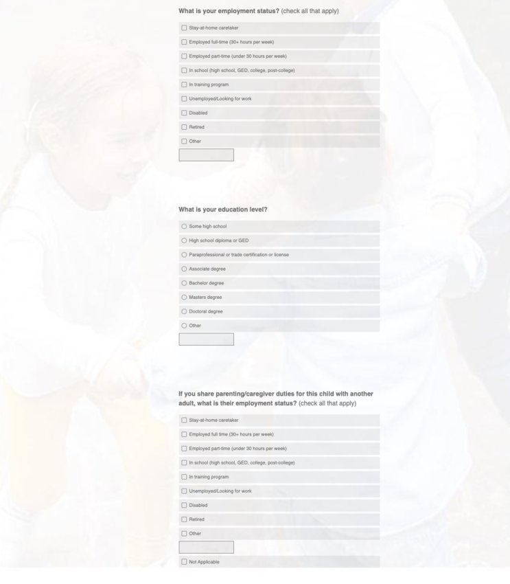 A sample of the survey questions provided by Chatham Partnership for Children
