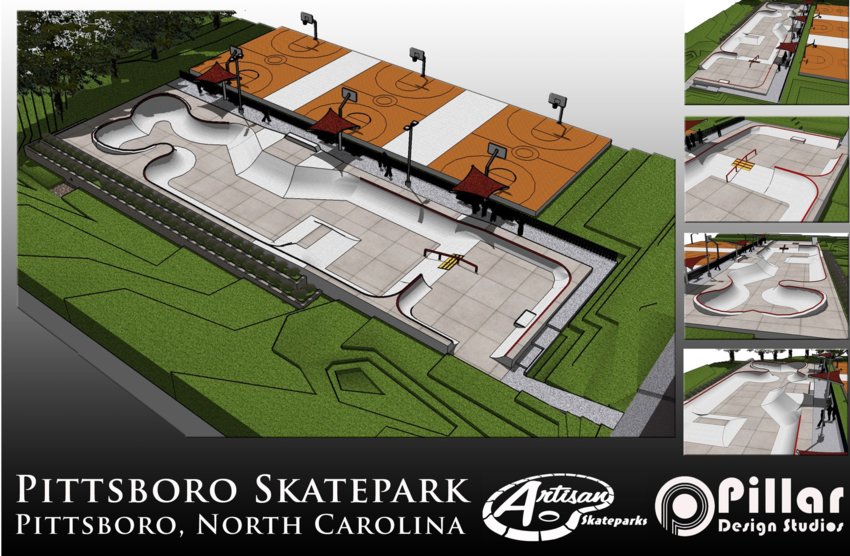 A design proposal for the Pittsboro Skatepark in McClanahan Park. The proposed cost of the park is upward of $400,000