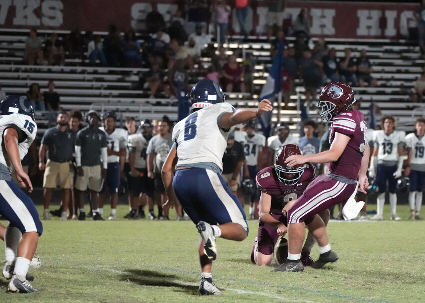 Seaforth High School's lone score came on a field goal in the Hawks' 37-3 loss to Purnell Swett on Friday, August 18, 2023, in Pittsboro, N.C. (PHOTO: Gene Galin)