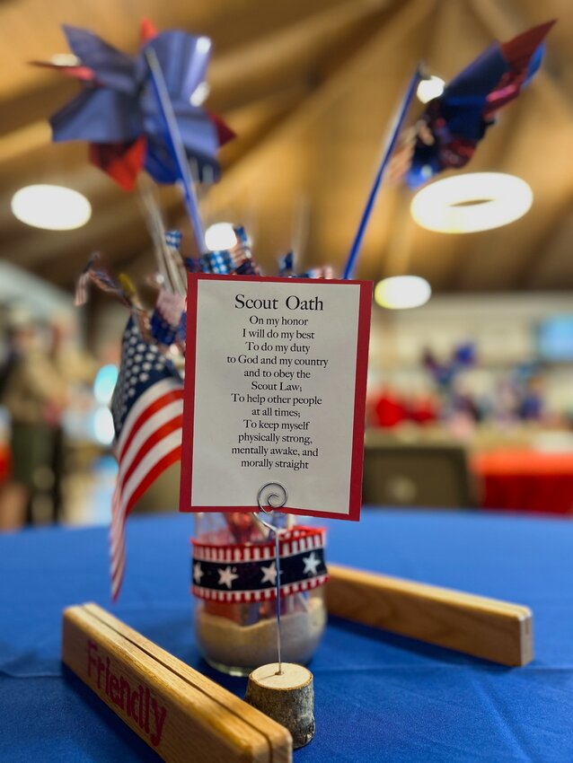 Patriotic centerpieces adorned each table at the Eagle Scout court of honor.