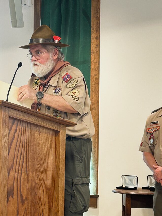 Assistant Scoutmaster Mack Thorpe addresses the crowd.
