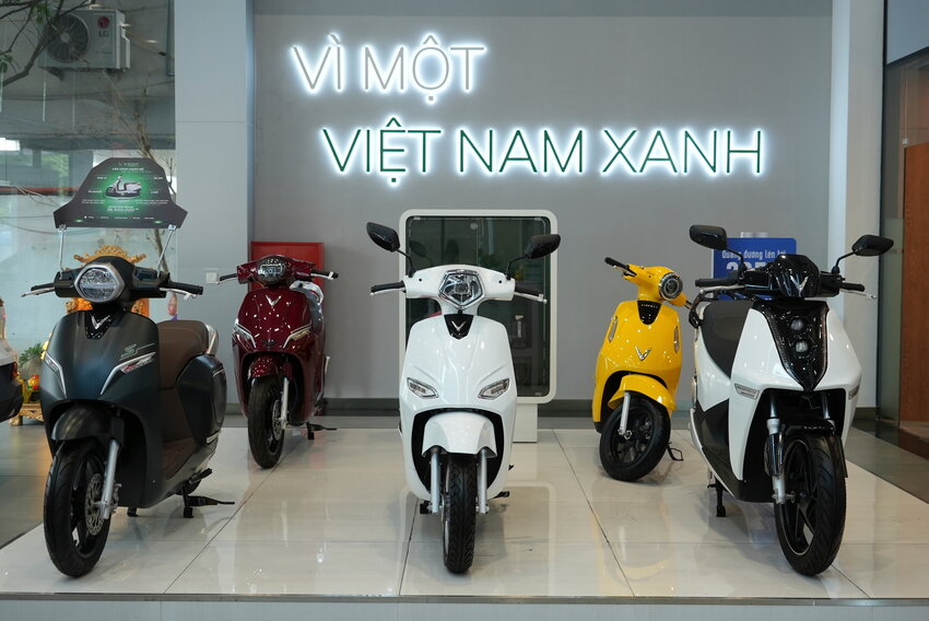 Vinfast electric motorcycles on displayed in Hanoi, Vietnam in early June.