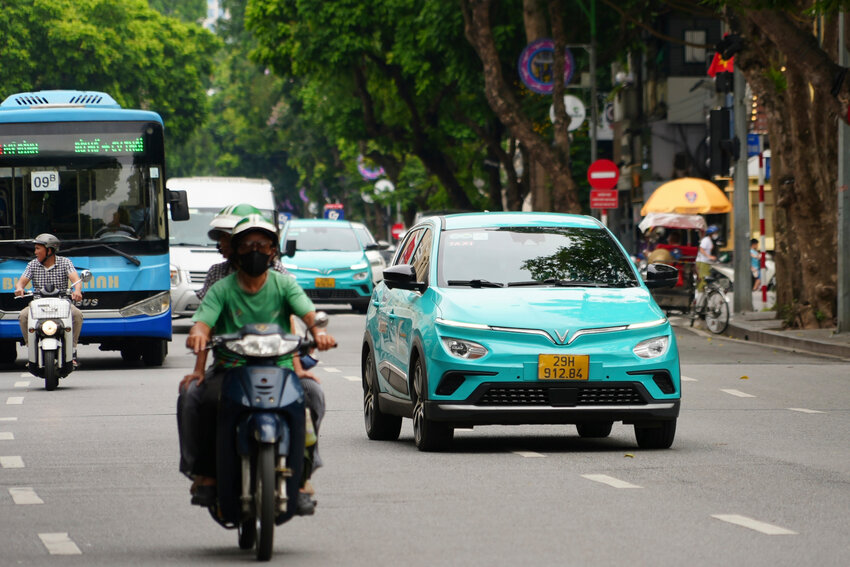Vinfast electric cars in traffic in Hanoi in early June.