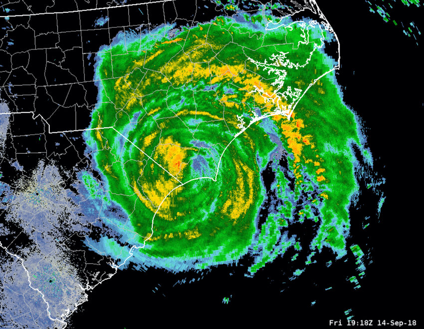 The image shows Hurricane Florence&rsquo;s position as of 7:18 p.m. on Friday, September 14, 2018. Chatham County is fully covered in green at the top left of the storm.