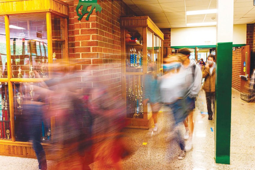 Students change classes in the hallway of Northwood High School last spring. This year, many students are struggiling in the middle of a third school year impacted by the pandemic.