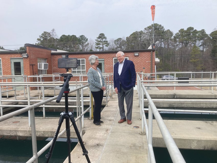 Pittsboro Mayor Cindy Perry (left) and Rep. David Price filmed a video last Friday about the Bipartisan Infrastructure Plan. The video, made for Price's website, was made at Pittsboro's water plant.
