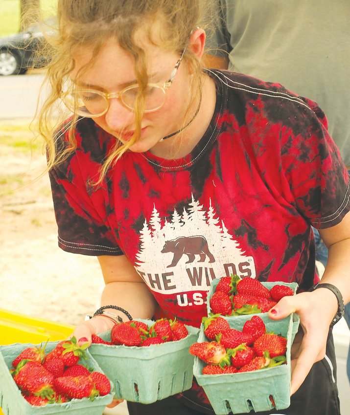 Audrey Thompson of T-5 Farms shows off some of the season's first strawberries.