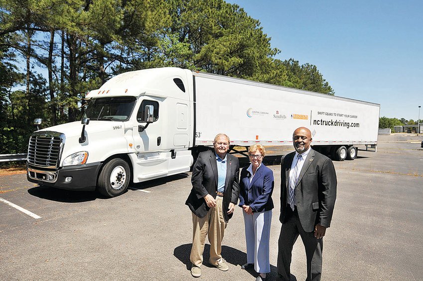 Central Carolina Community College, Randolph Community College, and Sandhills Community College have joined efforts to offer a regional truck driving and logistics program. Pictured are Sandhills CC President Dr. John R. Dempsey, CCCC President Dr. Lisa M. Chapman, and Randolph CC Vice President for Workforce Development &amp; Continuing Education Elbert Lassiter. Learn more about this program at nctruckdriving.com.