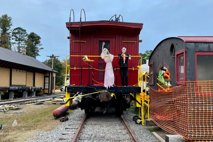 Decorations for the New Hope Valley Halloween Express featured a bloody skeleton bride and groom bidding adieu to attendees as they exited the museum.