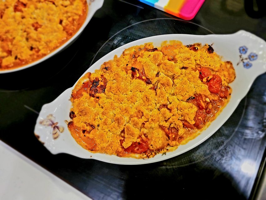 Tomato cobbler fresh out of the oven.