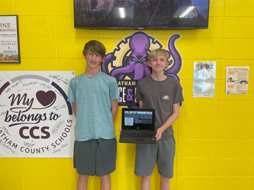 Jack Triglianos (left) and Brandon Cameron (right), sophomores at Chatham School of Science &amp; Engineering, won the 2022 North Carolina Congressional App Challenge for their game 'Platformerz.'
