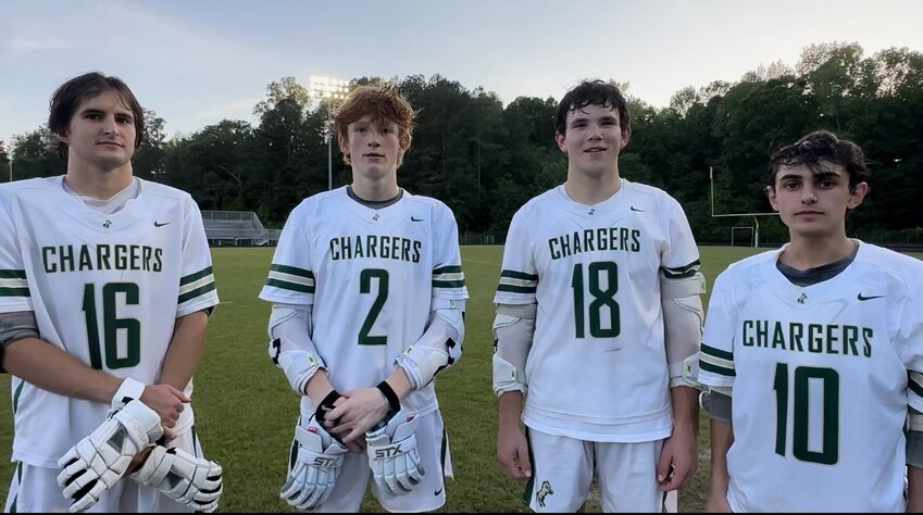 Northwood boys lacrosse players, from left to right: seniors William Johnson, Will Smith, Taylor Laberge, Taylor Zelhof
