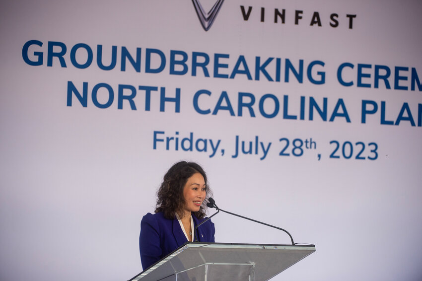 Le The Thu Thuy CEO of VinFast Global speaks during the VinFast Groundbreaking Ceremony in Moncure, NC on July 28, 2023. PJ WARD-BROWN/NORTH STATE JOURNAL