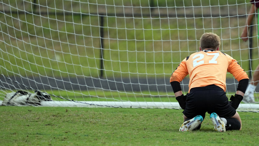 Seaforth goalkeeper Jack Haste looks through the back of his net during the Hawks&rsquo; 3-1 overtime loss to North Moore.
