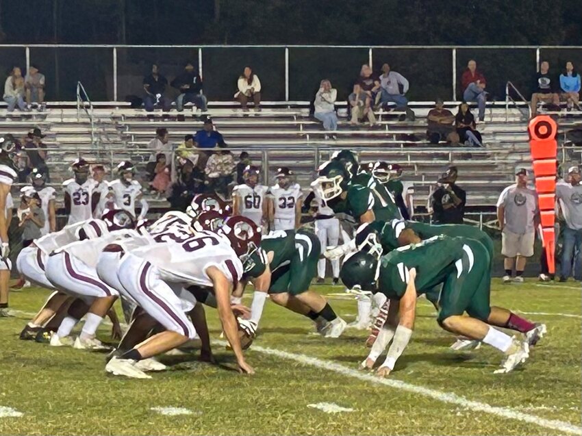 North Moore&rsquo;s offensive line (in green) was able to control the line of scrimmage and lead the Mustangs to a 48-7 win on Friday, Oct. 6.