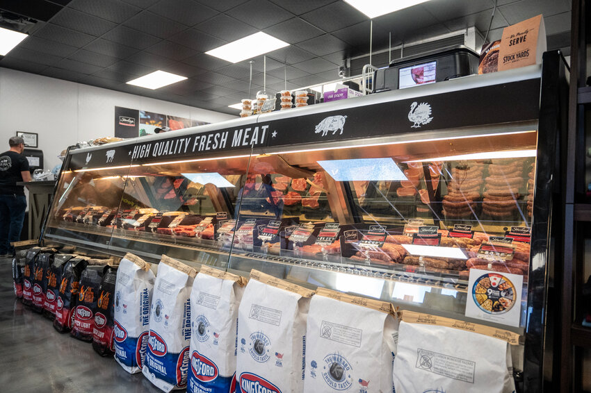 Meat counter where you can get fresh served meats during the ribbon cutting Grand Opening at O&rsquo;Quinns Butcher shop in Pittsboro on October 27, 2023.
