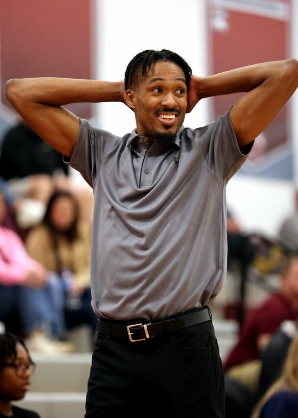 Coach Charles Byrd reacts to a call during the Seaforth girl&rsquo;s basketball opener. The Hawks cruised to victory over St. Pauls, 64-26.