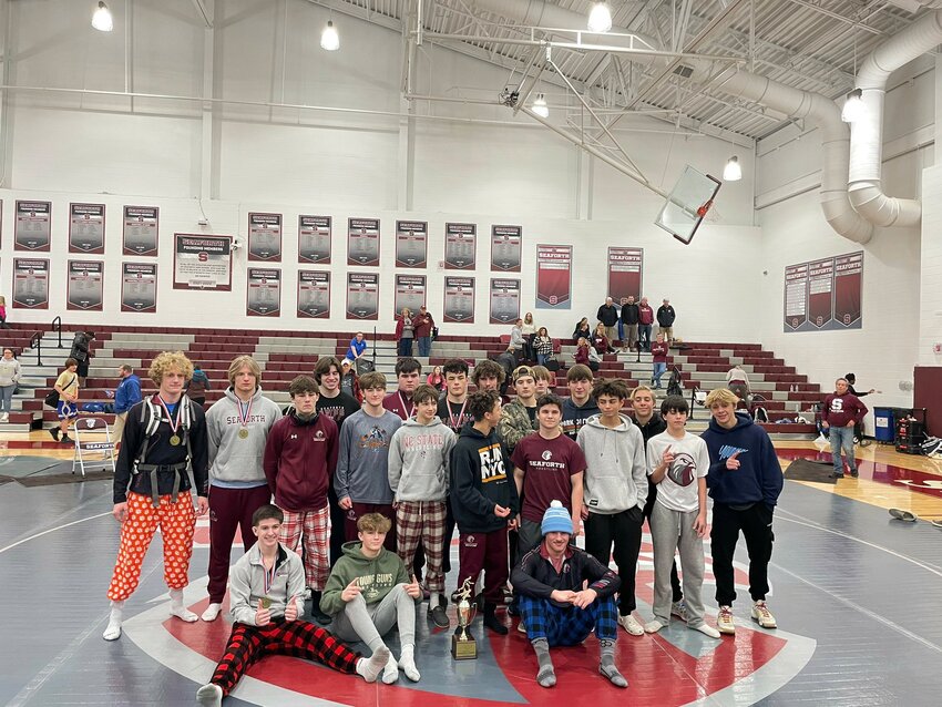 Seaforth wrestlers pose for a team photo after winning the Mid-Carolina Conference meet.