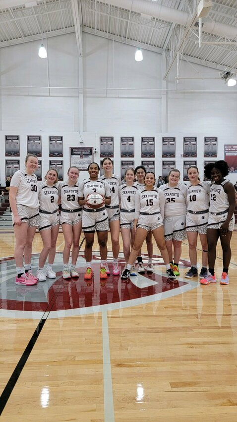 Seaforth&rsquo;s Gabby White (2) was honored for scoring her 1,000th career point. She then added another 13 to her total as the Hawks got a key conference win. (photo credit Seaforth Athletics X account)