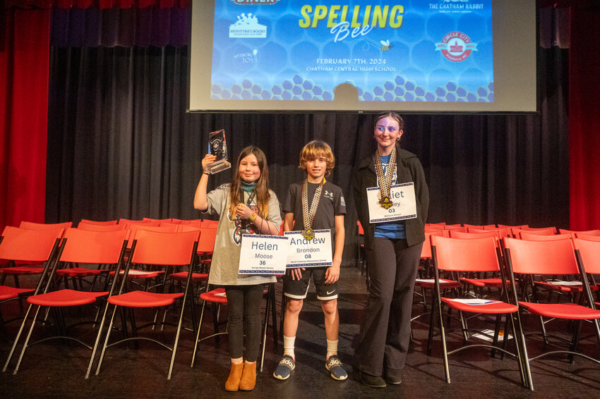 Fifth-grader Helen Moose of George Moses Horton won by spelling the words &ldquo;Yorkshire&rdquo; and &ldquo;asthmatic,&rdquo; while Andrew Brandon of North Chatham Elementary finished second and Juliet Antley of Montcure finished third at the 2024 Chatham County Spelling Bee on Feb. 7, 2024.  PJ WARD-BROWN | CHATHAM NEWS &amp; RECORD