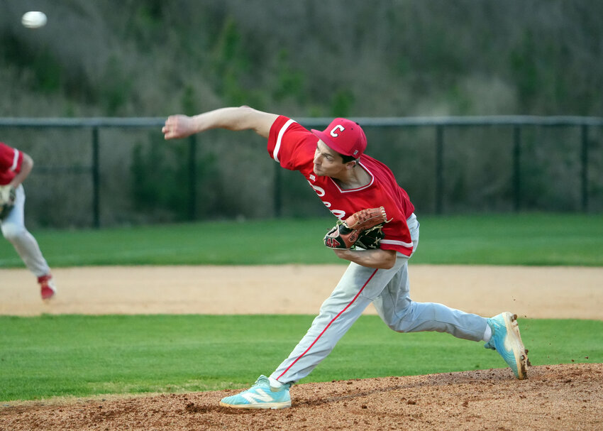 Chatham Central's Anthony Lopossay throws a pitch in a 2-1 win over Seaforth on March 21.