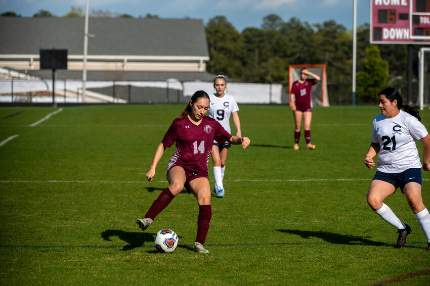 Seaforth&rsquo;s Luisa Olmos controls the ball against Cummings during a Mid-Carolina match at Seaforth high school in Pittsboro, NC on Thursday March 28, 2024.