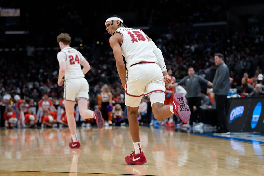 Alabama forward Jarin Stevenson (15) reacts after scoring during the second half of an Elite 8 college basketball game in the NCAA tournament Saturday, March 30, 2024, in Los Angeles. (AP Photo/Ashley Landis)