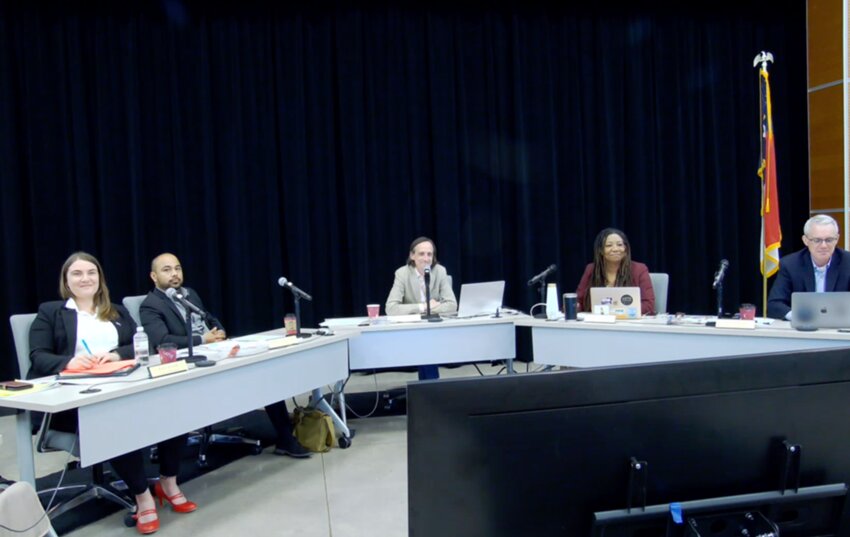 Chatham County Commissioners listen to a speaker in this screenshot of the March 18 meeting's livestream.