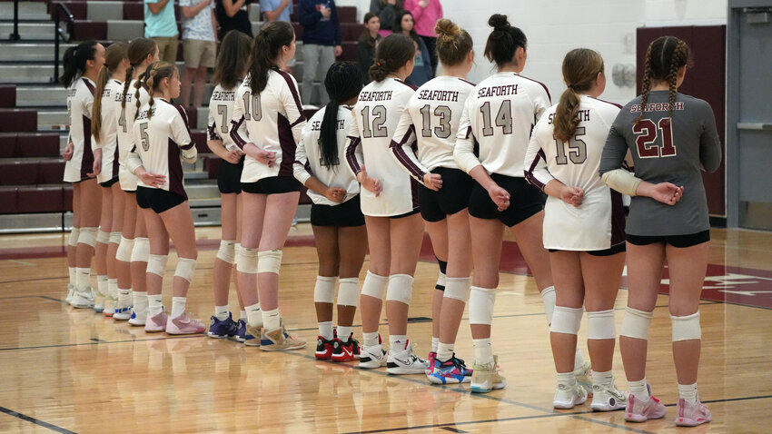 Seaforth&rsquo;s volleyball team lines up before a game against Jordan-Matthews. The Hawks volleyball squad earned the school points in the Wells Fargo State Cup competition.