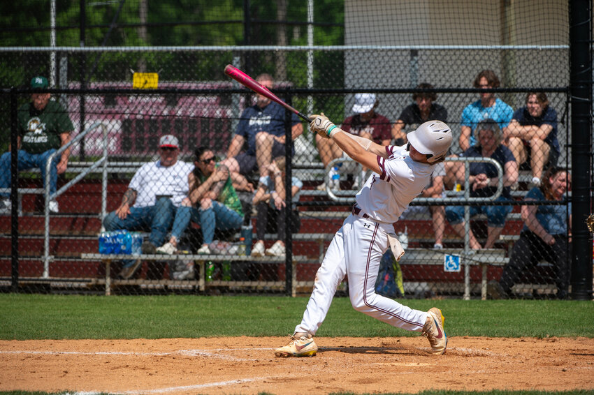 Seaforth&rsquo;s Colin Dorney makes contact against North Moore during a Mid-Carolina conference game at Seaforth high school in Pittsboro, NC on April 20, 2024. Seaforth won 5-1 to maintain their lead in the conference.