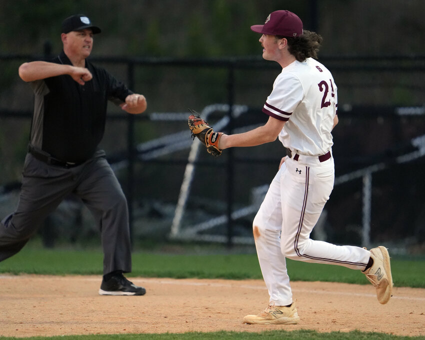 Senior first baseman Tanner Morgan celebrates as Seaforth moves one out closer to a conference title during the Hawks&rsquo; 3-0 win over Bartlett Yancey.