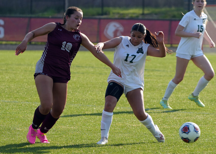 Seaforth&rsquo;s Sofia Viana (10) and Woods Charter&rsquo;s Jessica Haswell (17) battle for the ball during a recent game. Both teams are projected as No. 4 seeds in the upcoming state playoffs.