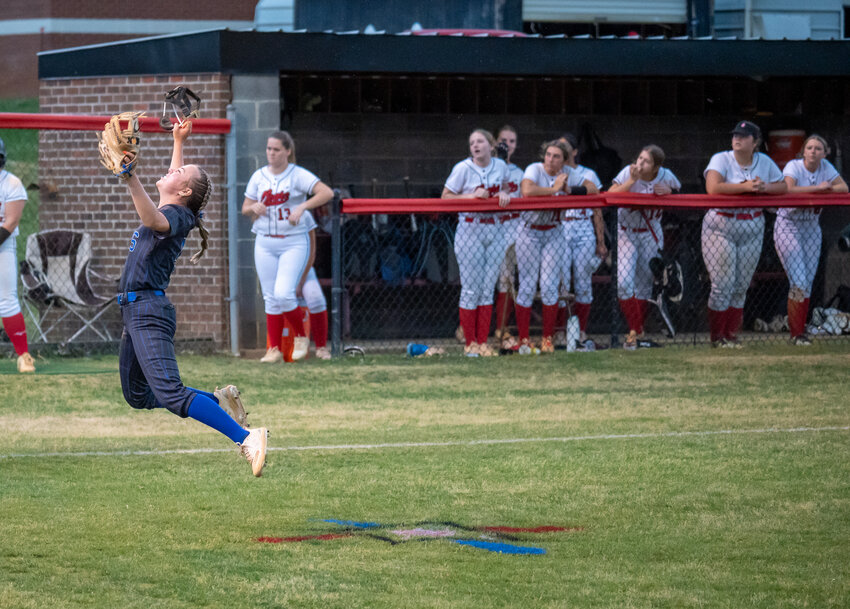 Jordan Matthews Lilliana Hicks leaps in the air after getting the last out against Chatham Central  during the Mid-Carolina Conference Championship at Graham High School in Burlington, NC on May 3, 2024.