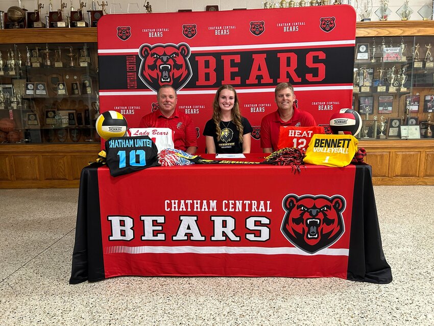 Chatham Central&rsquo;s Kelsey Hussey signs a letter of intent to play college volleyball at Pfeiffer University. Hussey was one of several area athletes to announce their college decisions on spring signing day last week.