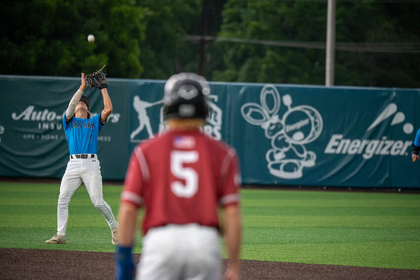 Chatham County post 292 Ian McMillan makes the catch against Randolph Post 45 at McCrary Park in Asheboro, NC on June 6, 2024.