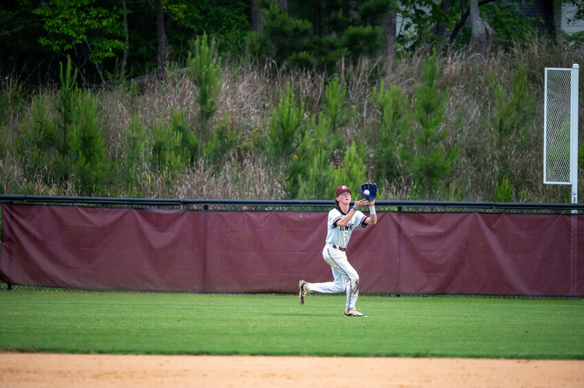 Seaforth&rsquo;s Bauer Bowling makes the catch in right field against Wallace-Rose Hill during the first round of the 2A East NCHSAA playoffs at Seaforth High School in Pittsboro, NC on May 7, 2024.
