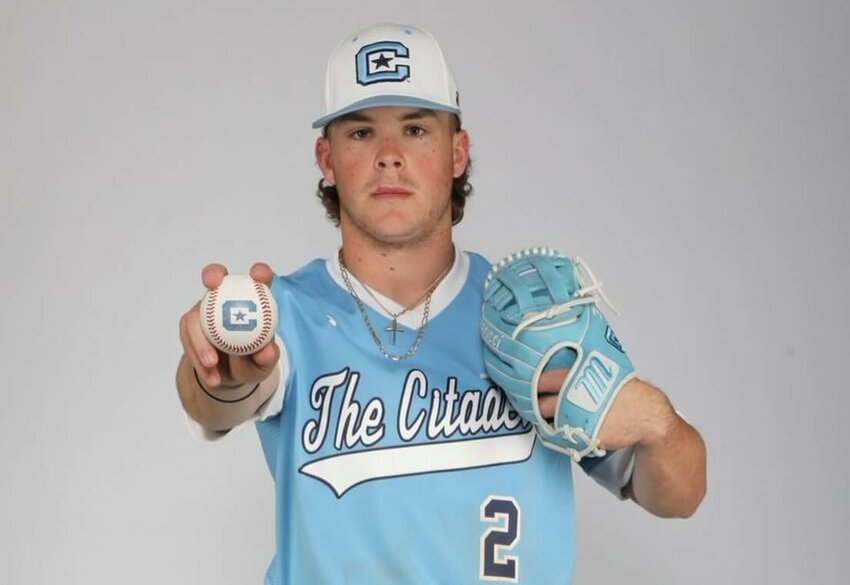 Robbie Lane poses in a baseball uniform from The Citadel. The Georgia junior college shortstop has committed to play at the Division I school.