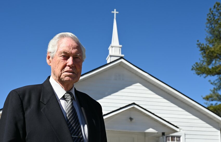 Donald Voyles stands in front of Mt. Tabor Community Baptist Church in Dallas, Ga., on Monday, Feb. 19, 2024. (Index/Roger Alford)