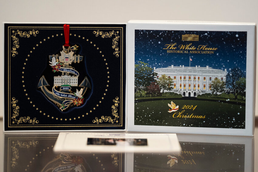 The 2024 White House Christmas Ornament featuring former President Jimmy Carter, is seen at the White House Historical Association, Wednesday, Feb. 21, 2024, in Washington. (AP Photo/Evan Vucci)