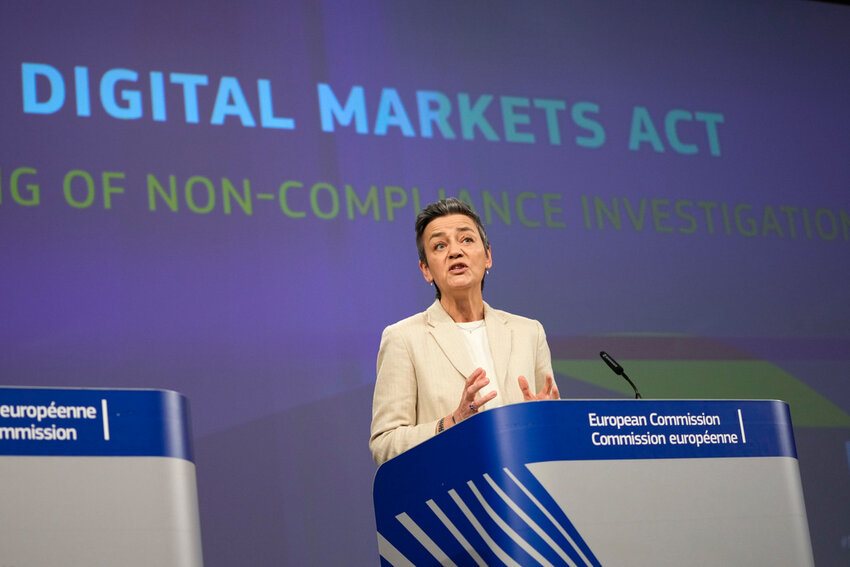 European Commission Vice President Margrethe Vestager speaks in Brussels, Monday, March 25, 2024. (AP Photo/Virginia Mayo)