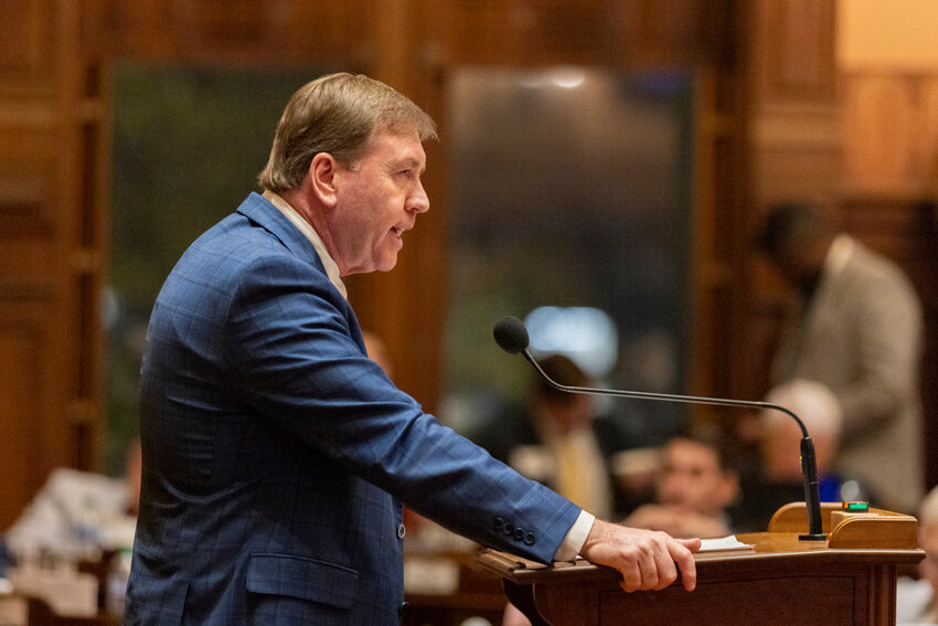 State Rep. Jesse Petrea, R-Savannah, speaks in favor of immigration bill HB 1105 at the House of Representatives in the Capitol in Atlanta on Sine Die, the last day of the legislative session, Thursday, March 28, 2024. (Arvin Temkar/Atlanta Journal-Constitution via AP)