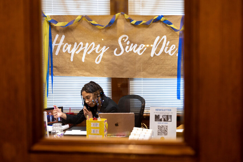 A sign celebrating Sine Die is seen at the Capitol in Atlanta on Sine Die, the last day of the legislative session, Thursday, March 28, 2024. (Arvin Temkar/Atlanta Journal-Constitution via AP)