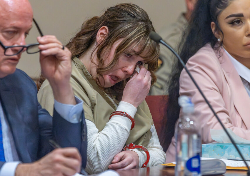 Hannah Gutierrez-Reed wipes her tears at her sentencing hearing in state district court in Santa Fe, New Mexico, on Monday, April 15, 2024. (Luis Sánchez Saturno/Santa Fe New Mexican via AP, Pool)