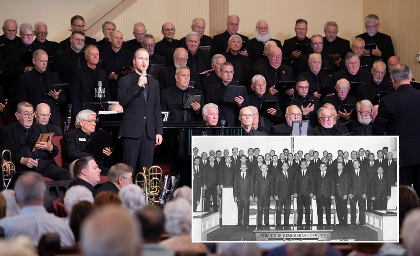 The Sons of Jubal perform at First Baptist Church of Dallas, Ga., on Aug. 24, 2023. Inset: Historical photo of the sons of Jubal. (Main photo: Index/Henry Durand, File; Inset: Photo courtesy Ken Drane)