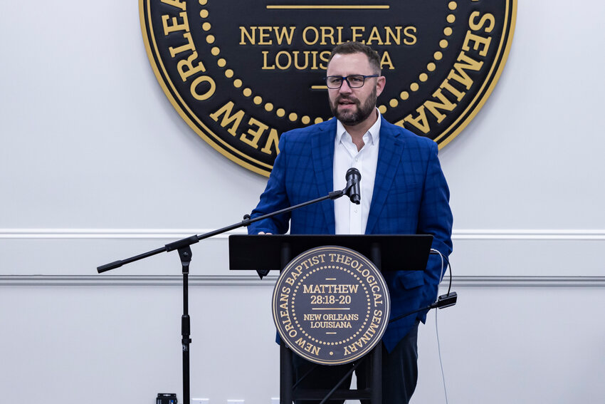 Jamie Dew, president of New Orleans Baptist Theological Seminary and Leavell College, speaks Wednesday, April 16, at the school's trustee meeting. (Photo/NOBTS)
