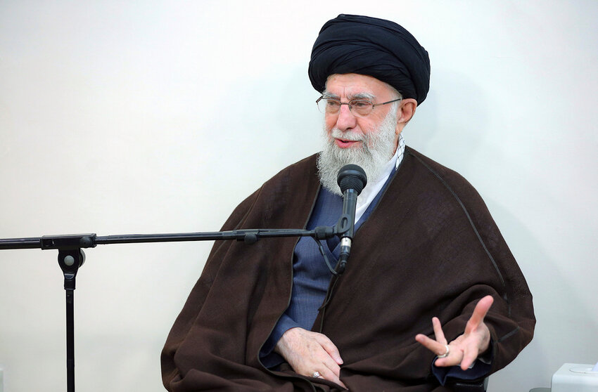 Iran's Supreme Leader Ayatollah Ali Khamenei speaks in his meeting with a group of senior military leaders in Tehran, Iran, Sunday, April 21, 2024. (Office of the Iranian Supreme Leader via AP)